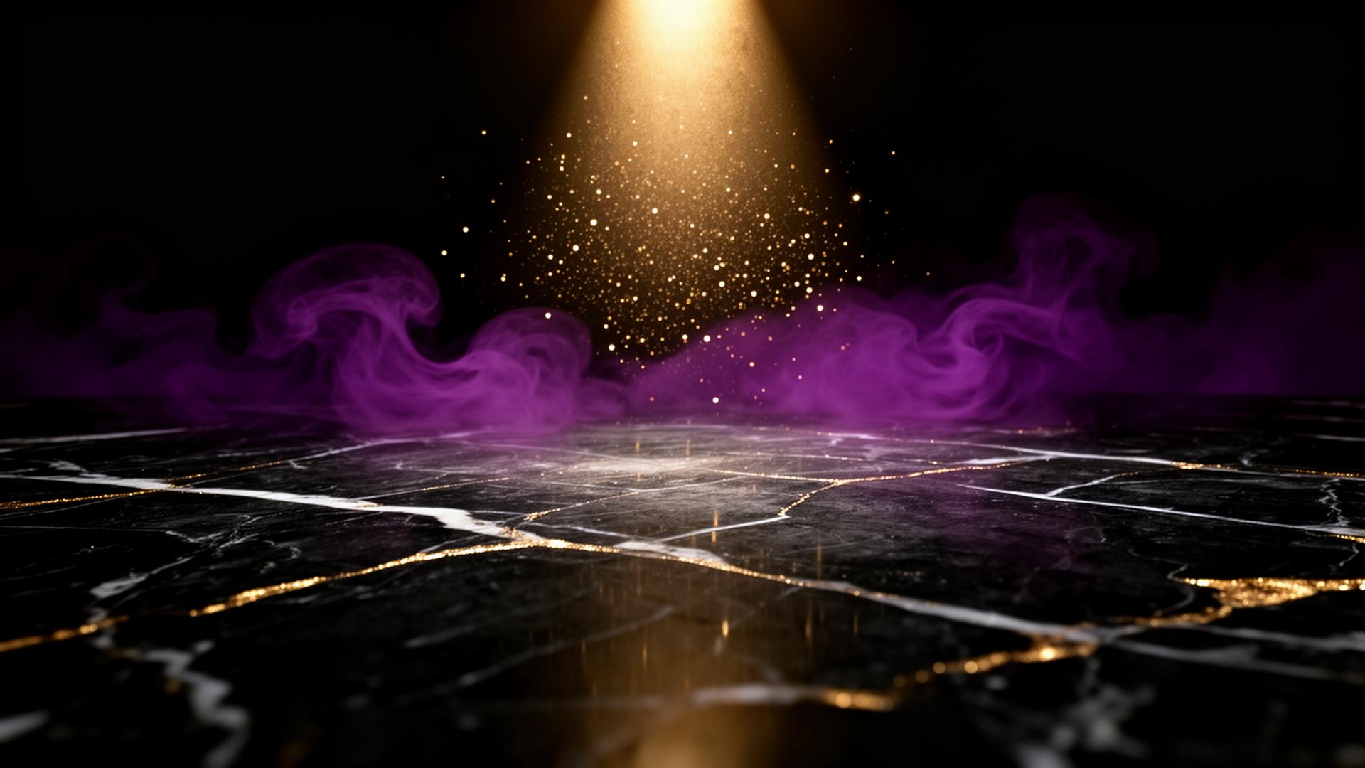 Luxury black marble with gold light and royal purple smoke